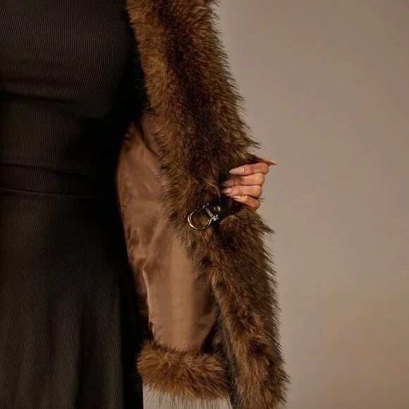 Brown Casual Women's Waist Buckle Faux Fur Vest Jacket - Picture 8 of 8